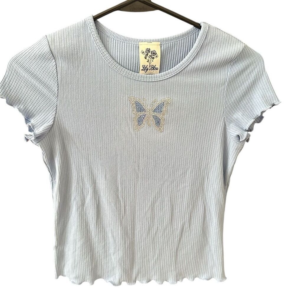 Lily Bleu Girl's L Blue Butterfly Embroidered Baby Tee Short Sleeve